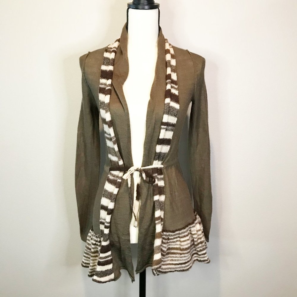 BKE Y2K Brown Tie Open Front Peplum Wool Knit Sweater Womens XS